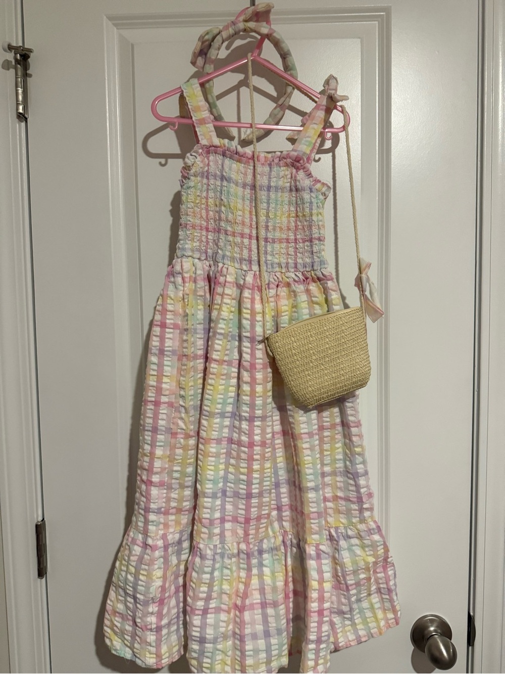 btween Pastel Rainbow Smocked Dress with Bow Strap